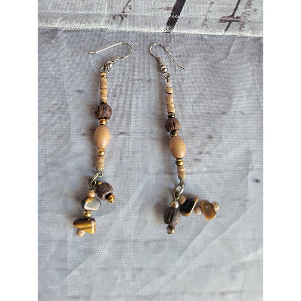 boho-style dangle drop earrings featuring wooden metal and Stones